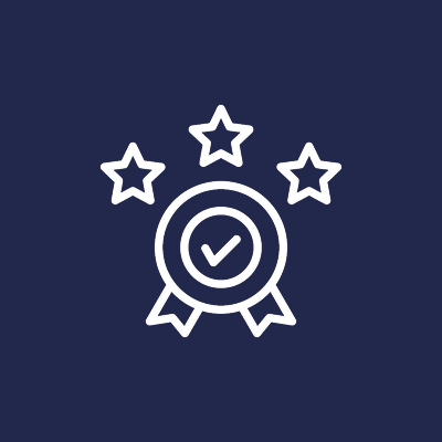 Award badge with stars and checkmark.