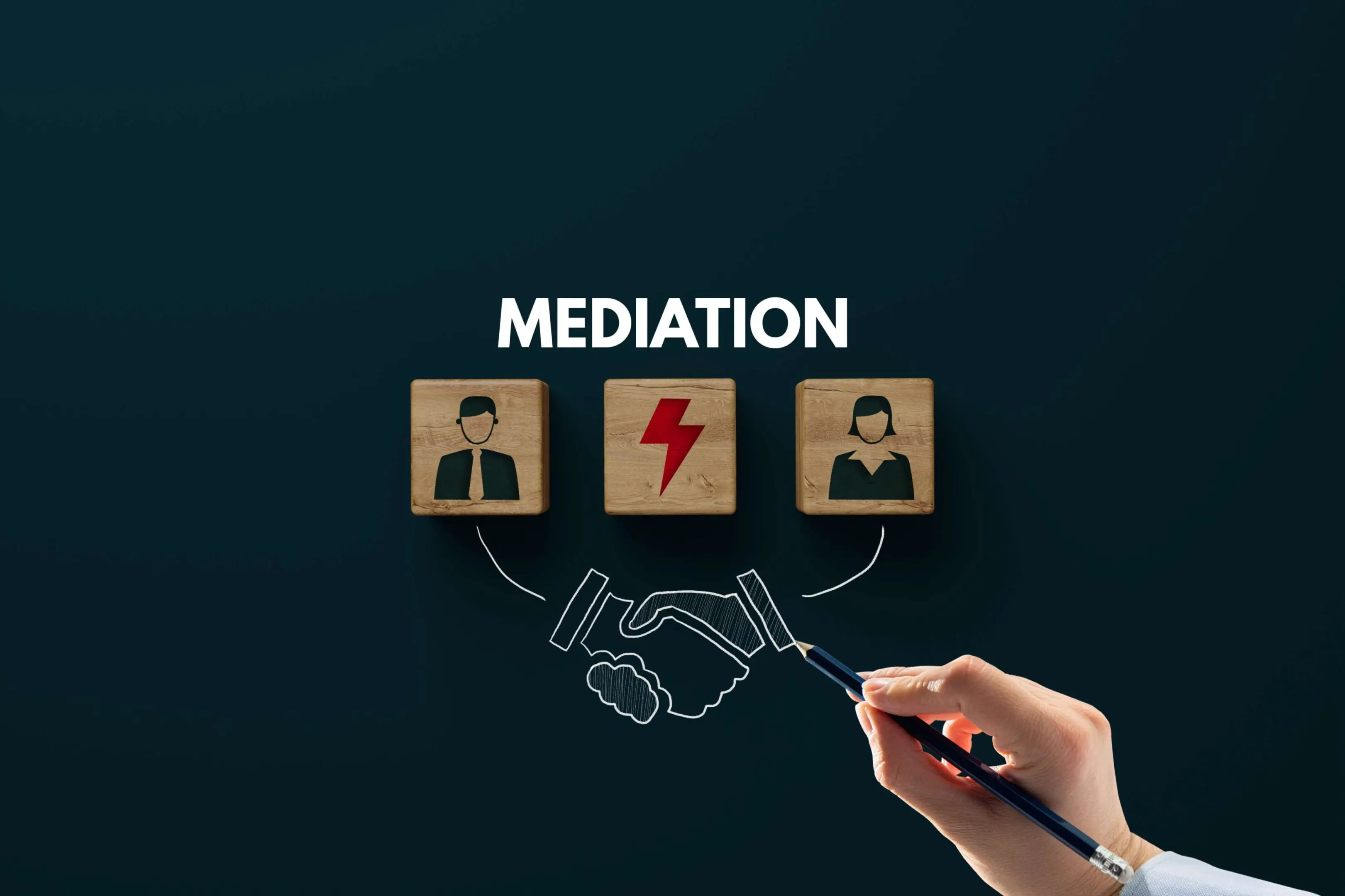 Mediation concept with handshake and icons.